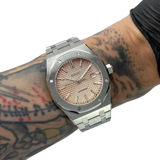 Seiko NH35 Mod Watch on Leather Strap – Salmon Dial Royal Oak Style