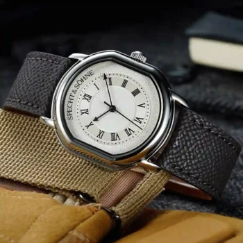 Close-up of VH31 sweep second quartz movement in Specht & Söhne watch