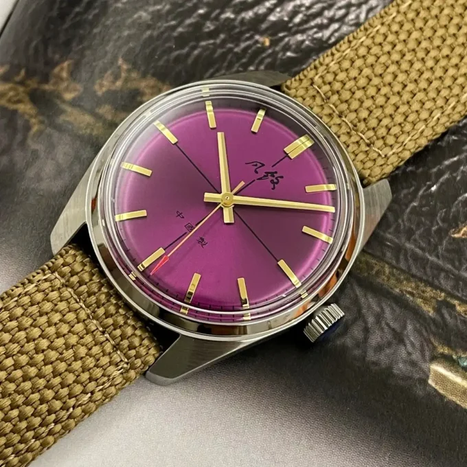 Close-up of crosshair dial on Merkur 38mm mechanical watch