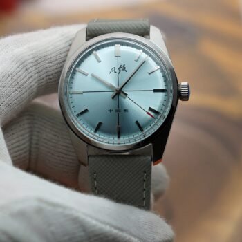 Merkur Baby Blue Dial Mechanical Watch front angle on wrist