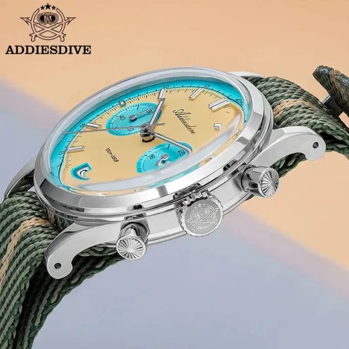 Bubble crystal side profile of ADDIESDIVE VK64 Chronograph Watch