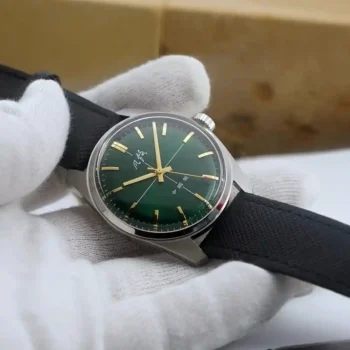 Merkur Green Dial Mechanical Watch front view with stainless strap