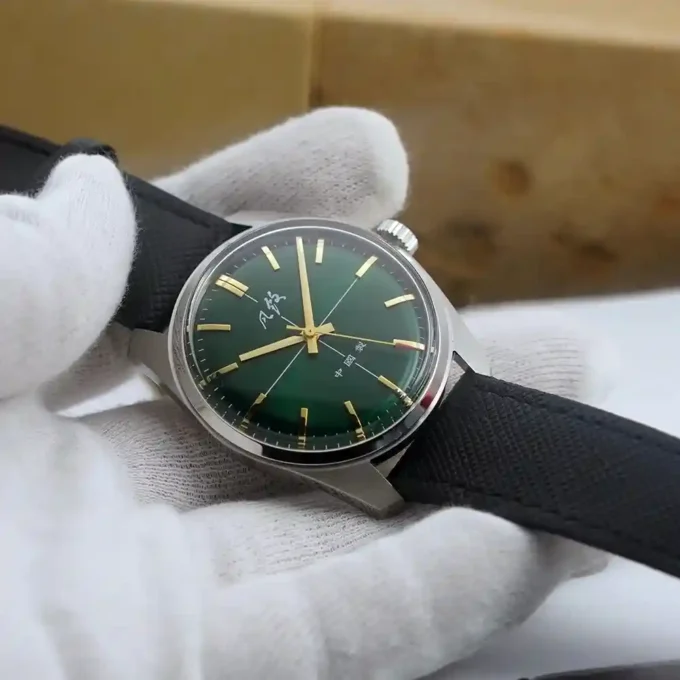 Merkur Green Dial Mechanical Watch front view with stainless strap