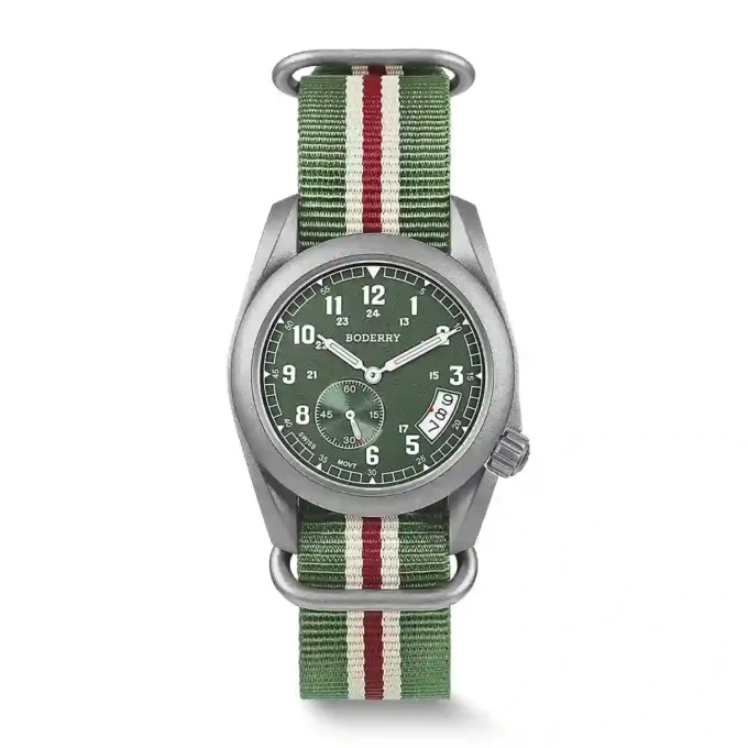 Top view of BODERRY DQ08 pilot watch with luminous dial